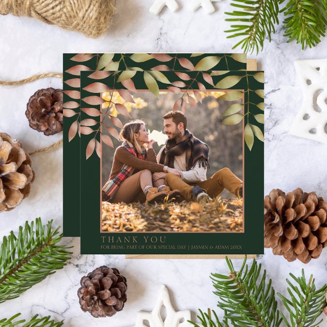 Tarjeta De Agradecimiento Hojas de Otoño Verdes Esmeralda Rústicas Foto Boda (Subido por el creador)