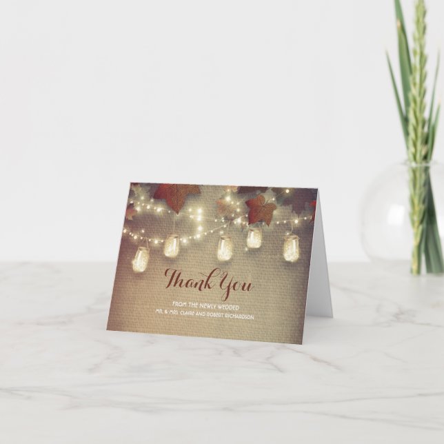 Tarjeta De Agradecimiento Hojas de otoño y Boda de Mason Jar Lights (Anverso)