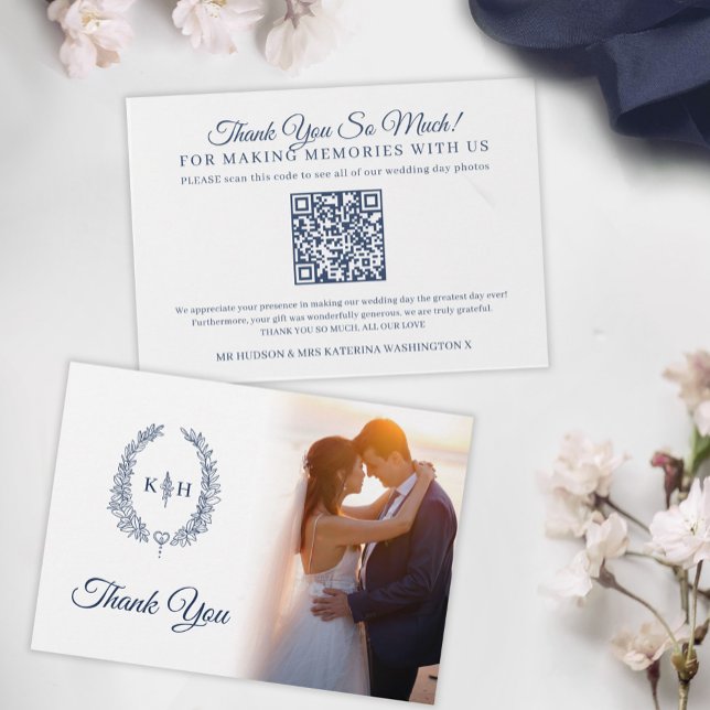 Tarjeta De Agradecimiento Hojas de ovario azul monograma boda Fotos Código Q (Subido por el creador)