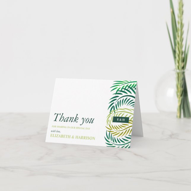 Tarjeta De Agradecimiento Hojas de palmeras tropicales, bodas en la playa (Anverso)