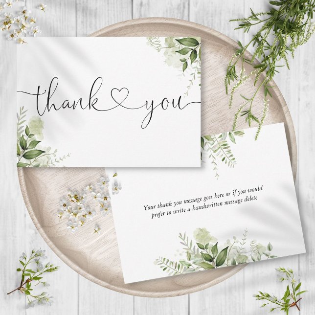 Tarjeta De Agradecimiento Hojas de vegetación Botánico Script Elegante Coraz (Greenery Leaves Botanical Elegant Script Heart Thank You Card)