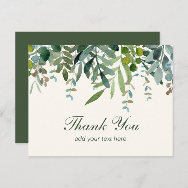 Tarjeta De Agradecimiento Hojas de verde acuarela Gracias  (Anverso / Reverso)