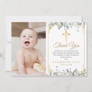 Tarjeta De Agradecimiento Hojas Florales Cruz de Oro Bautizo Foto