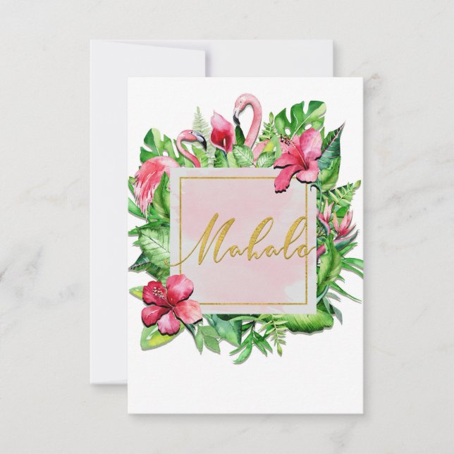 Tarjeta De Agradecimiento Hojas tropicales Hibiscus Flamingo Mahalo Gracias (Anverso)