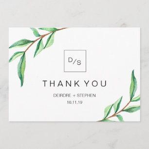 Tarjeta De Agradecimiento Hojas verdes minimalistas Gracias con Monogramas