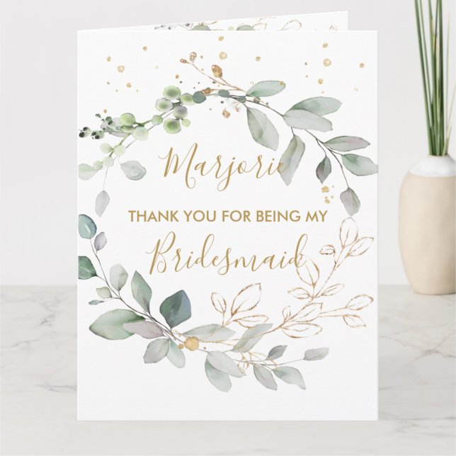 Tarjeta De Agradecimiento Hojas verdes y doradas en acuarela Gracias (Anverso)