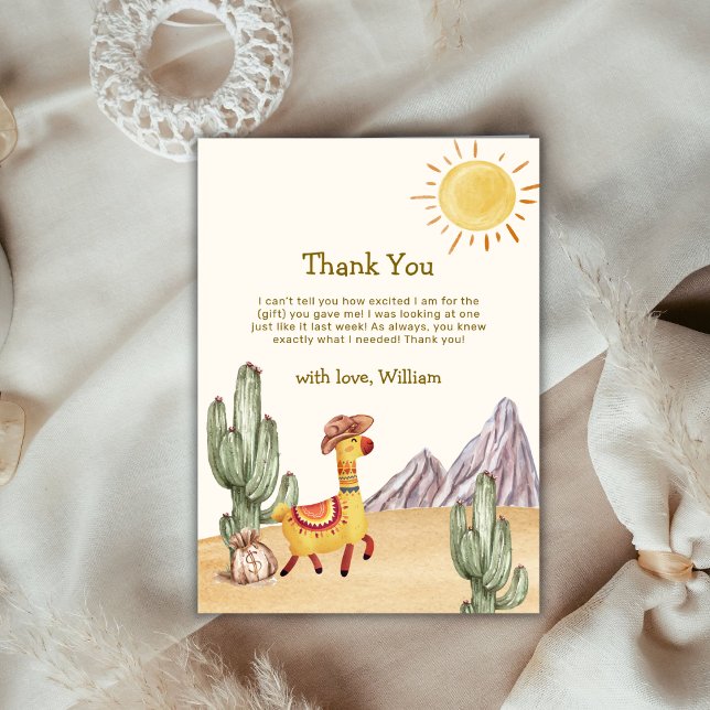 Tarjeta De Agradecimiento Hola Bebé Deert Cactus Llama Cowboy Baby Shower (Hello Baby Desert Cactus Llama Cowboy Baby Shower Thank You Card)