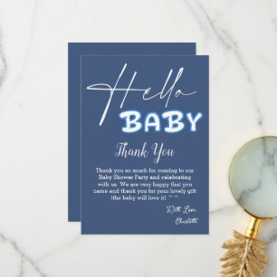 Tarjeta De Agradecimiento Hola Bebé Elegante Baby Shower Azul Oscuro