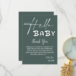 Tarjeta De Agradecimiento Hola Bebé Elegante Baby Shower Verde Oscuro