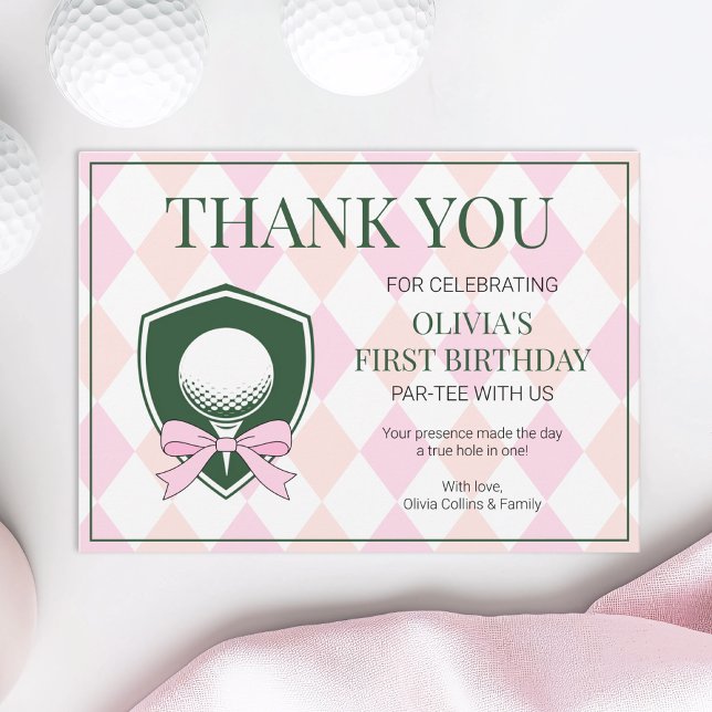 Tarjeta De Agradecimiento Hole In One Pink Golf Chicas Moderno Primer Cumple (Hole In One Pink Golf Girls Modern 1st Birthday Thank You Card)