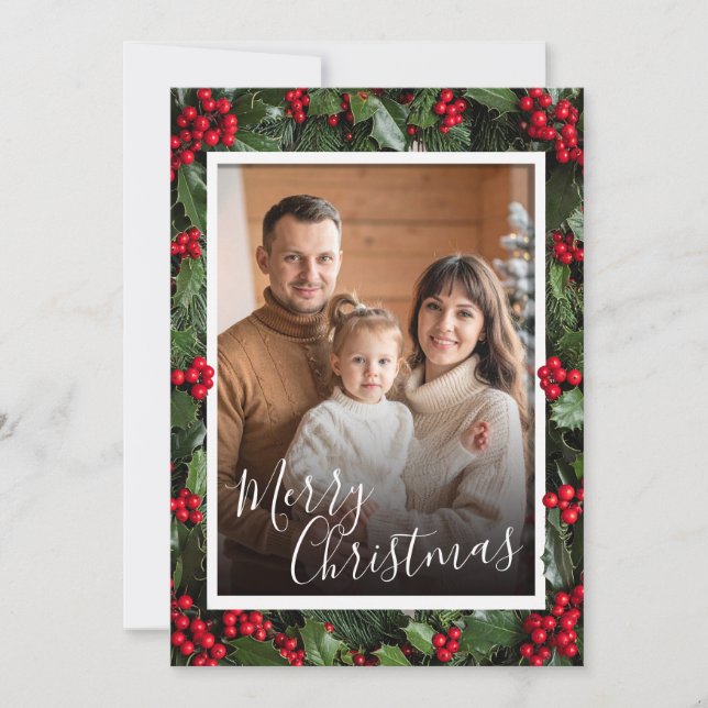 Tarjeta De Agradecimiento Holly Border Flat Christmas Card (Anverso)