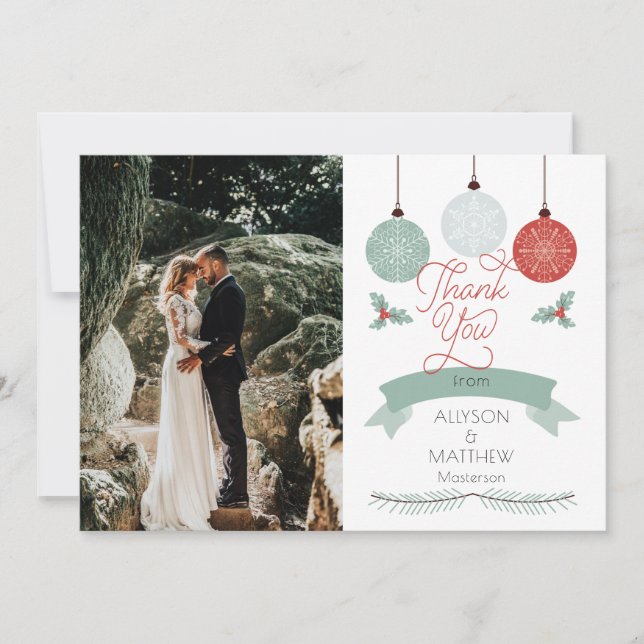 Tarjeta De Agradecimiento Holly y Berries |Baubles Boda Foto Gracias (Anverso)