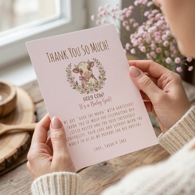 Tarjeta De Agradecimiento Holy Cow Baby Shower Pink Farmhouse (Subido por el creador)