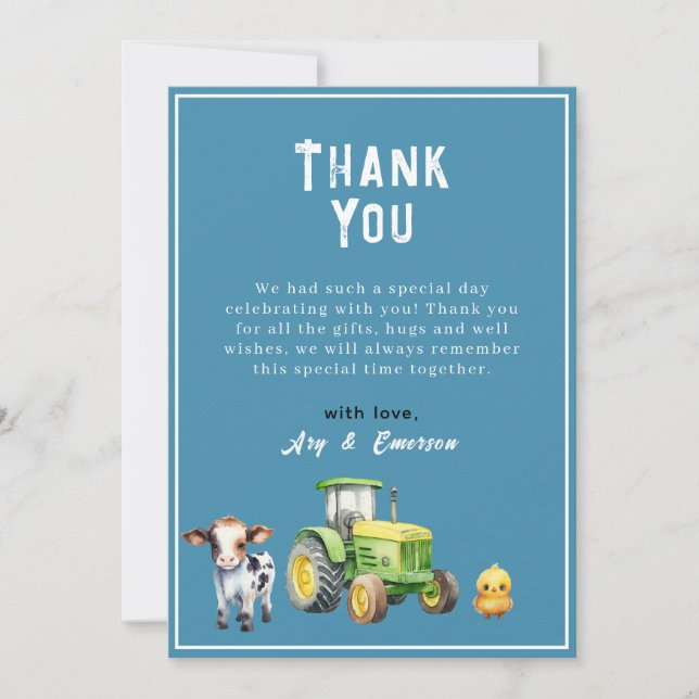 Tarjeta De Agradecimiento Hombres Cute Farm Animals Tractor Baby Shower (Anverso)