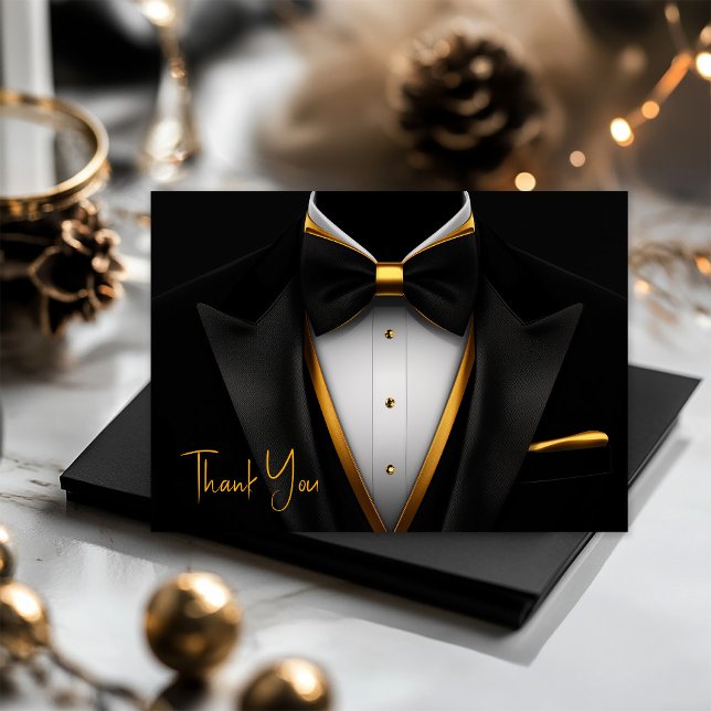 Tarjeta De Agradecimiento Hombres Esmoquin Negro Dorado Fiesta de Cumpleaños (Mens black and gold thank you cards with tuxedo design. Add your printed message or leave blank.)