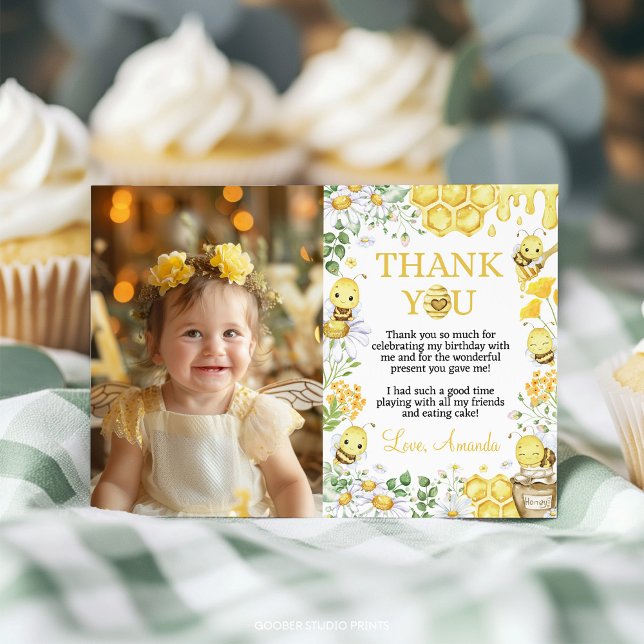 Tarjeta De Agradecimiento Honey Bee Floral First Bee Day Birthday Photo (Subido por el creador)