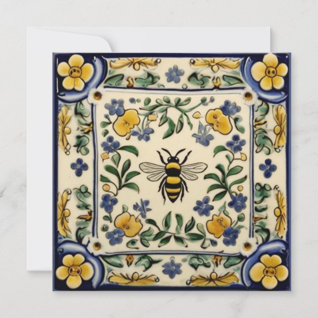 Tarjeta De Agradecimiento Honey Bee Traditional Blue Yellow Mediterranean (Anverso)