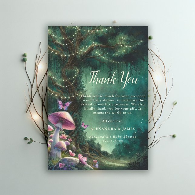 Tarjeta De Agradecimiento Hongos boscosos encantados Baby Shower verde rosa (enchanted forest garden mushroom baby shower thank you card woodland magical green pink)