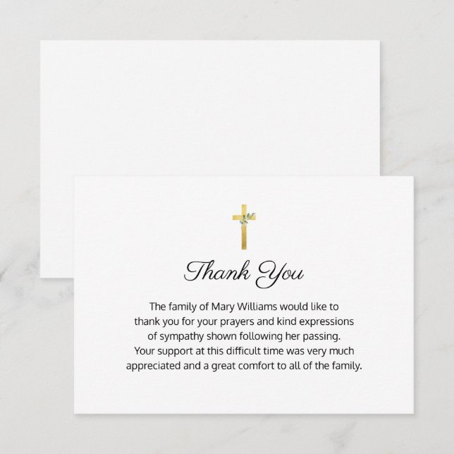 Tarjeta De Agradecimiento Honorable Religiosa Memorial Gold Cross Gracias (Anverso / Reverso)