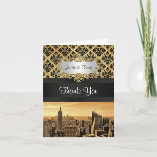 Tarjeta De Agradecimiento Horizonte de NYC Sepia B5 Cinta Negra Damask Graci