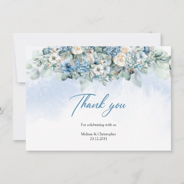 Tarjeta De Agradecimiento Hortensia azul boho y rosas blancas eucalipto (Anverso)