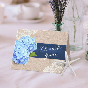 Tarjeta De Agradecimiento Hortensia Azul Rústica Encaje y Arpillera Gracias