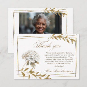 Tarjeta De Agradecimiento Hortensia Blanca Funeral Elegante Hojas Doradas