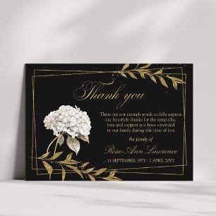 Tarjeta De Agradecimiento Hortensia Blanca Funeral Elegante Hojas Doradas