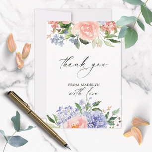 Tarjeta De Agradecimiento Hortensia floral azul rosa en acuarela elegante