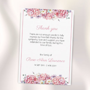 Tarjeta De Agradecimiento Hortensia Floral Funeral Acuarela Rosa