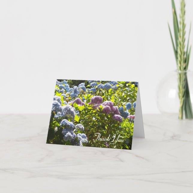 Tarjeta De Agradecimiento Hortensias Azules y Rosas Gracias (Anverso)