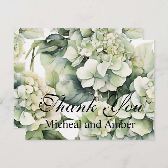 Tarjeta De Agradecimiento Hortensias florales acuarela verde blanco elegante (Anverso / Reverso)