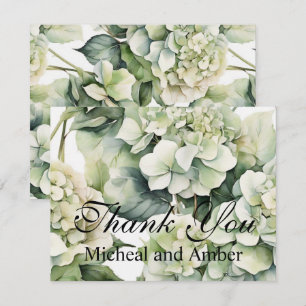 Tarjeta De Agradecimiento Hortensias florales acuarela verde blanco elegante