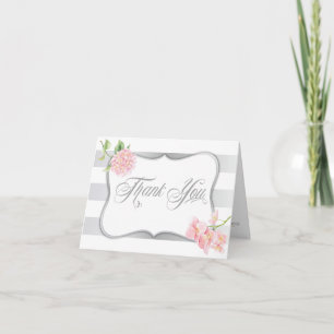 Tarjeta De Agradecimiento Hortensias Rosadas con Franjas Elegantes de Plata 