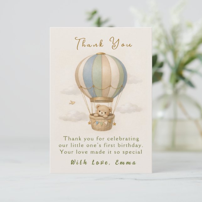Tarjeta De Agradecimiento Hot Air Balloon First Birthday Thank You Card (Anverso de pie)