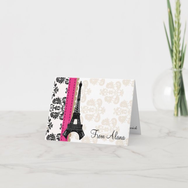 TARJETA DE AGRADECIMIENTO HOT PINK AND BLACK DAMASK EIFFEL TOWER THANK YOU (Anverso)