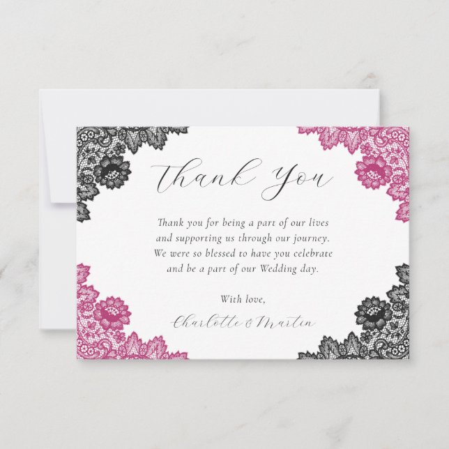 Tarjeta De Agradecimiento Hot Pink and Black Rustic Floral Lace Wedding (Anverso)