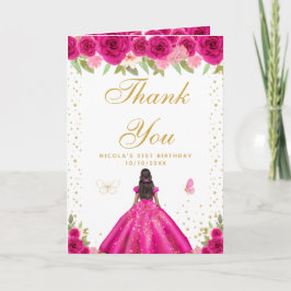 Tarjeta De Agradecimiento Hot Pink Floral Dark Skin Girl Birthday