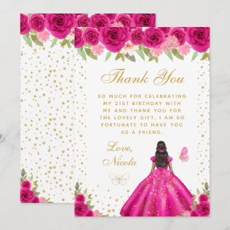 Tarjeta De Agradecimiento Hot Pink Floral Dark Skin Princess Birthday Party