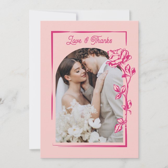 Tarjeta De Agradecimiento Hot Pink Rose Illustration Photo Wedding (Anverso)