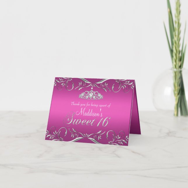 Tarjeta de agradecimiento Hot Pink & Silver Tiara  (Anverso)