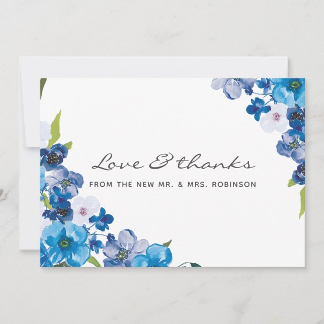 Tarjeta De Agradecimiento Hues del Boda Floral Azul Gracias (Anverso)