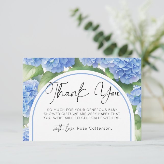 Tarjeta De Agradecimiento Hydrangea Blue Flowers Baby Shower (Anverso de pie)