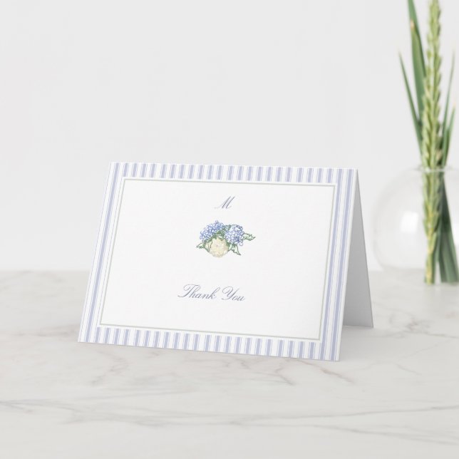Tarjeta De Agradecimiento Hydrangea Formal Stripes Coastal Classic Wedding (Anverso)
