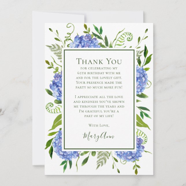 Tarjeta De Agradecimiento Hydrangeas Azules Cumpleaños 65  (Anverso)