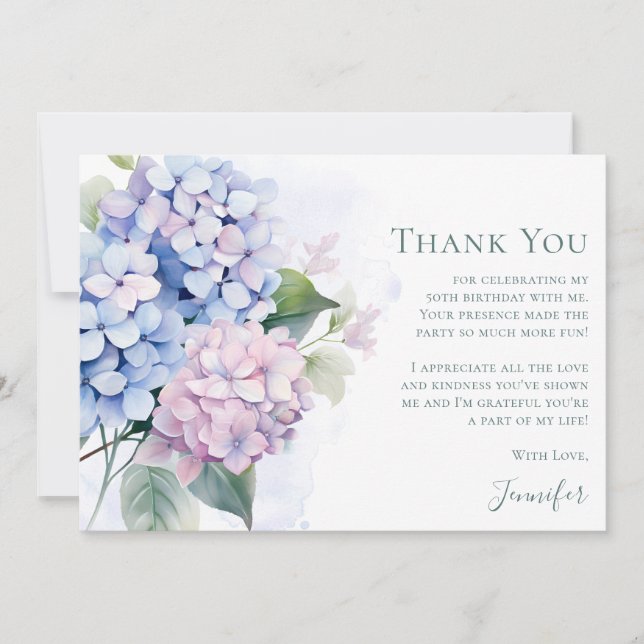 Tarjeta De Agradecimiento Hydrangeas Azules Rosadas Cumpleaños 50 (Anverso)