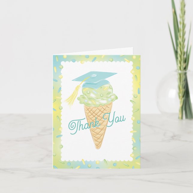 Tarjeta De Agradecimiento Ice Cream Graduation Party Blue Green (Anverso)
