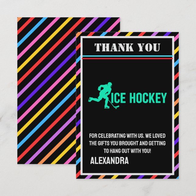Tarjeta De Agradecimiento Ice Hockey Birthday Party, Ice Hockey Girl Player  (Anverso / Reverso)