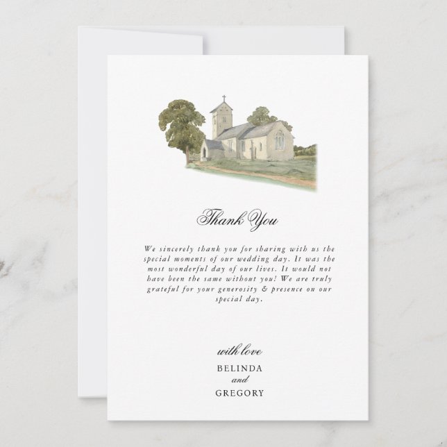 Tarjeta De Agradecimiento Iglesia acuarela Monograma tradicional Boda (Anverso)