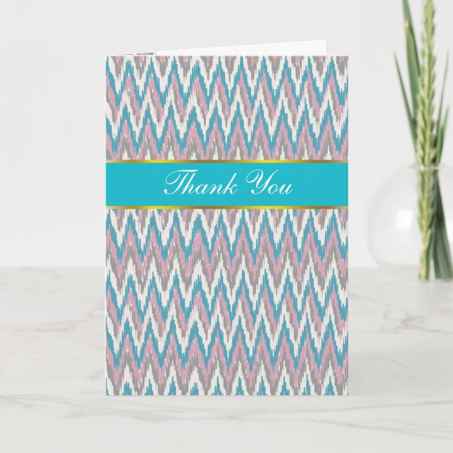 Tarjeta De Agradecimiento Ikat rosa y azul turbio (Anverso)